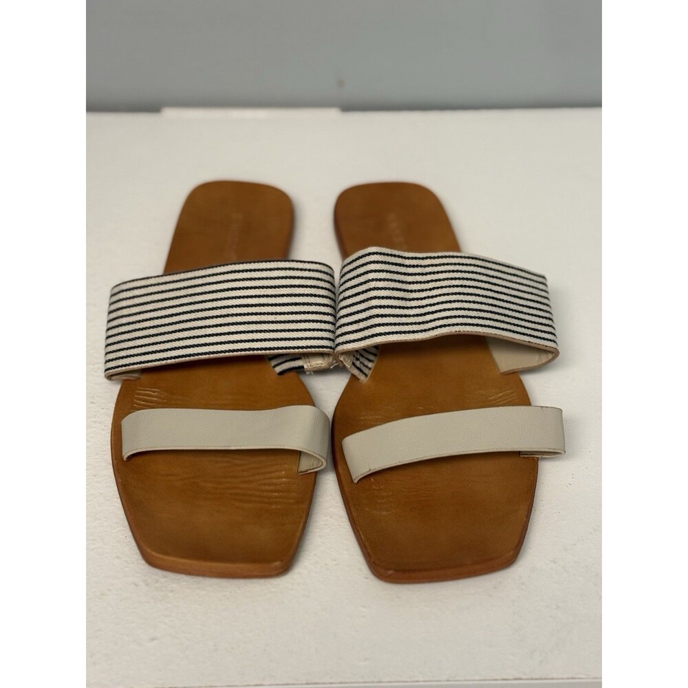 Bamboo Women's Flat Slide Sandals Striped Fabric Cream Strap Square Toe Size 10